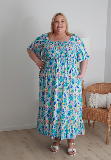 Plus Size Shirred Bust Maxi Dress In Watercolour Blues