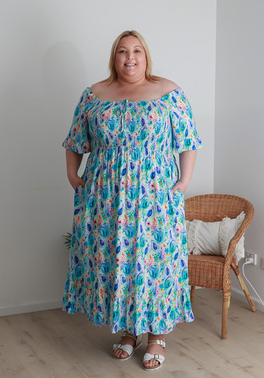 Plus Size Shirred Bust Maxi Dress In Watercolour Blues