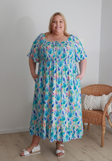 Plus Size Shirred Bust Maxi Dress In Watercolour Blues