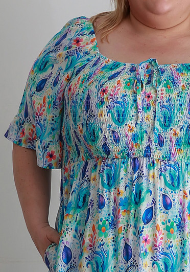 Plus Size Shirred Bust Maxi Dress In Watercolour Blues