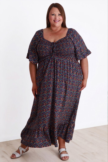 Plus Size Shirred Bust Maxi Dress In Colourful Olive Print