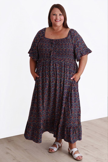 Plus Size Shirred Bust Maxi Dress In Colourful Olive Print