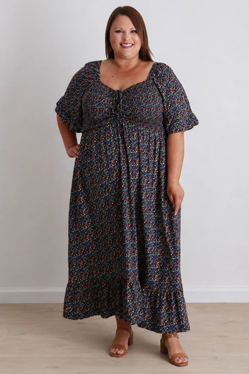 Plus Size Shirred Bust Maxi Dress In Colourful Olive Print