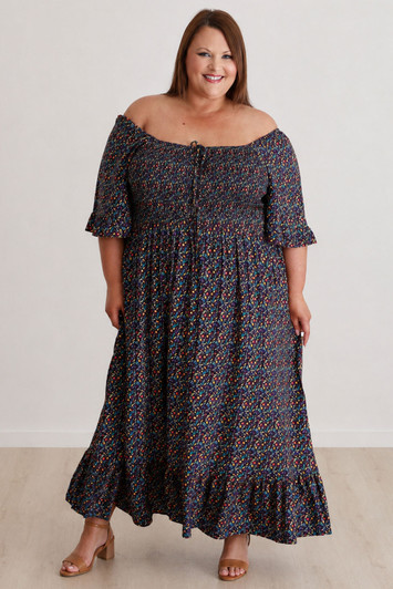 Shirred Bust Maxi Dress In Colourful Olive Print