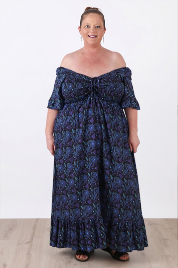 Plus Size Shirred Bust Maxi Dress Mandala Inspired Florals 