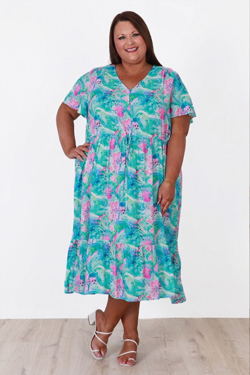 Plus Size Tie Waist Dress In Aqua Fantasy