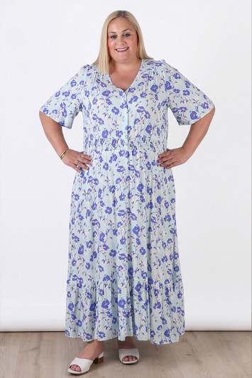 Plus Size Shirred Waist Dress In Periwinkle Flower