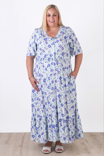 Plus Size Shirred Waist Dress In Periwinkle Flower