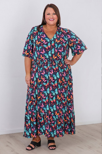 Plus Size Shirred Waist Dress In Butterfly Burst