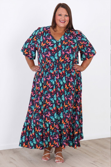 Plus Size Shirred Waist Dress In Butterfly Burst