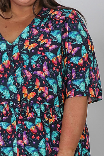 Plus Size Shirred Waist Dress In Butterfly Burst
