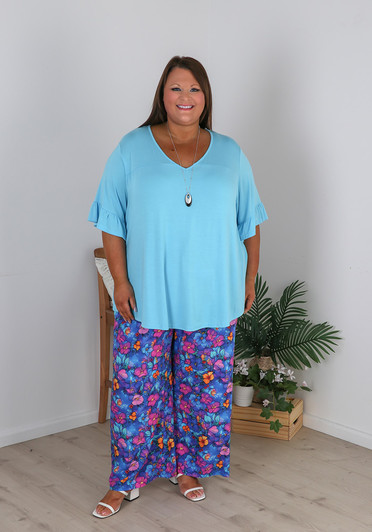 plus size wide leg blue and pink floral pants