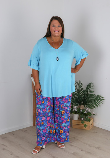 plus size wide leg blue and pink floral pants