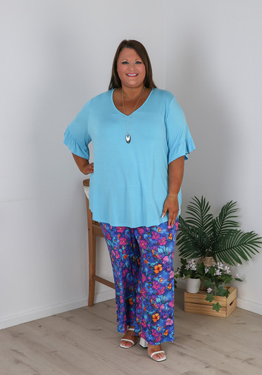 plus size Summer blue pink floral pants