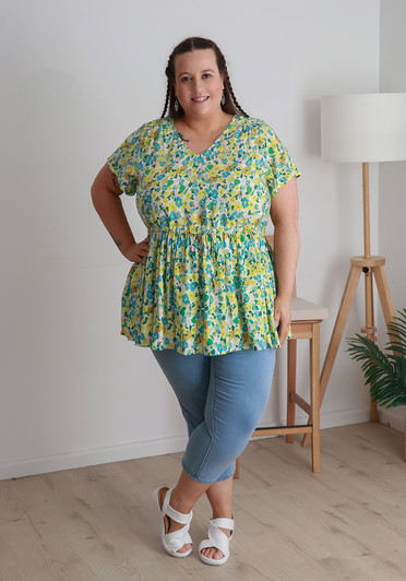 Plus Size Flutter Cap Sleeve Top In Yellow Floral