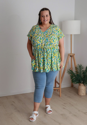 Plus Size Flutter Cap Sleeve Top In Yellow Floral