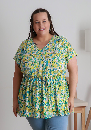 Plus Size Flutter Cap Sleeve Top In Yellow Floral