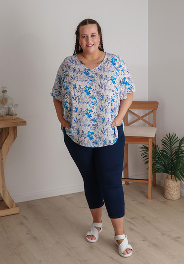 Plus Size Blue Floral Summer  Short Sleeve Top