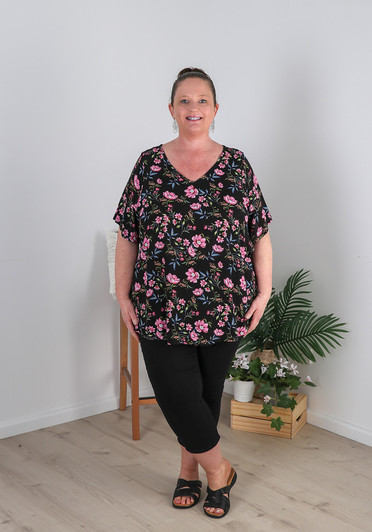 Plus Size Every Day Textured Top With Pink Flowers
