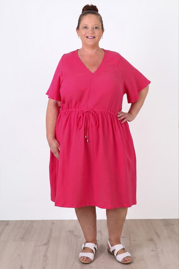 Plus Size Textured Cotton Short Dress In Magenta