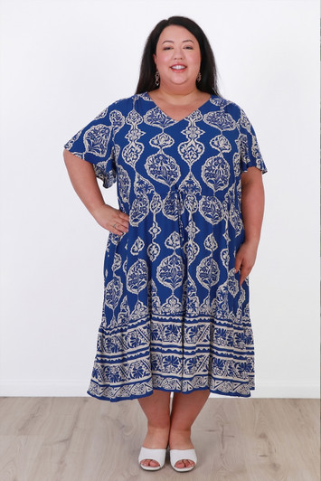 Plus Size Tie Waist Short Dress In Blue Floral