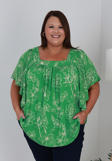 Plus Size Square Neck Short Sleeve Top In Green Curvaceous