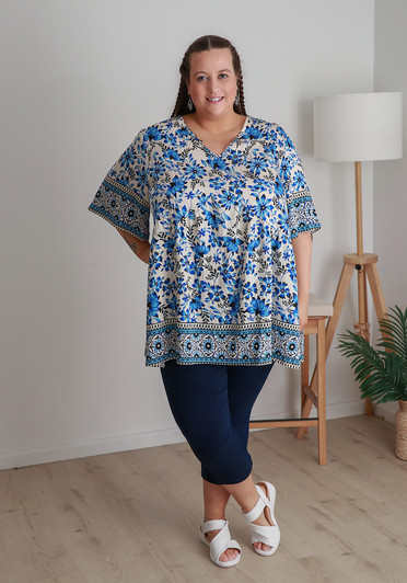 plus size blue boho short sleeve tunic top 