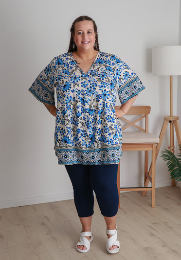 plus size blue boho short sleeve tunic top For Summer 