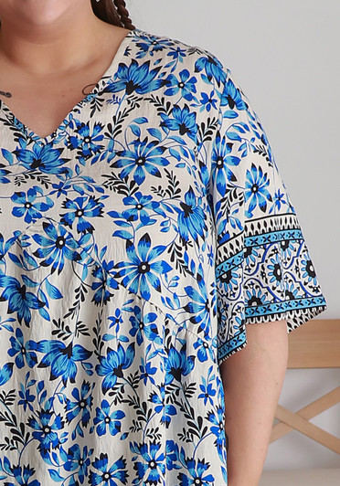 plus size blue boho short sleeve tunic top For Summer 