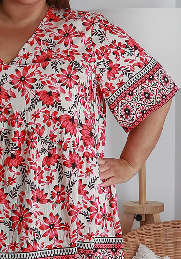 plus size boho relaxed fit pink red floral top 