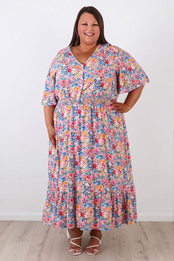 Plus Size Short Sleeve Summer Dress In Pink Meadow