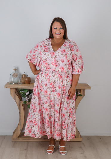 Plus Size Short Sleeve Pink Rose Dress Curvaceous 