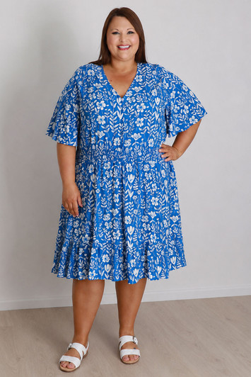 Plus Size Shirred Waist Dress In Blue And White 