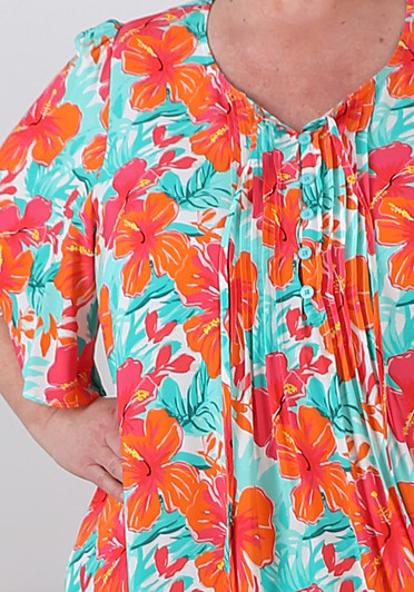 Plus Size Pintuck Dress In Bold Hibiscus 