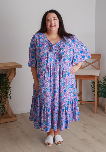 Plus Size Pintuck Dress In Purple And Blue Floral Curvaceous