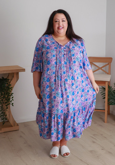 Plus Size Pintuck Dress In Purple And Blue Floral Curvaceous