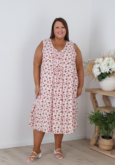 Plus Size Sleeveless Pintuck Dress In Pink Rosebuds