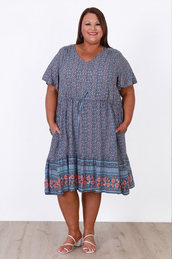 Plus Size Short Sleeve Blue Floral Boho Dress