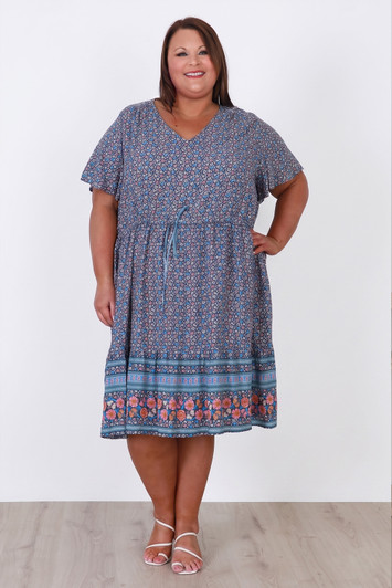 Plus Size Short Sleeve Blue Floral Boho Dress