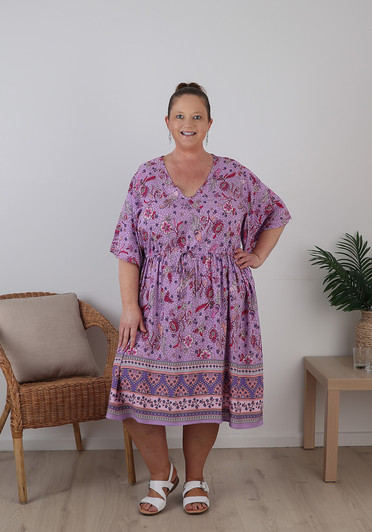Plus Size Tie Waist Short Dress In Purple Bird Print