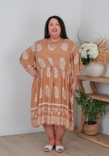 Plus Size Tie Waist Short Dress In Earthy Medallions