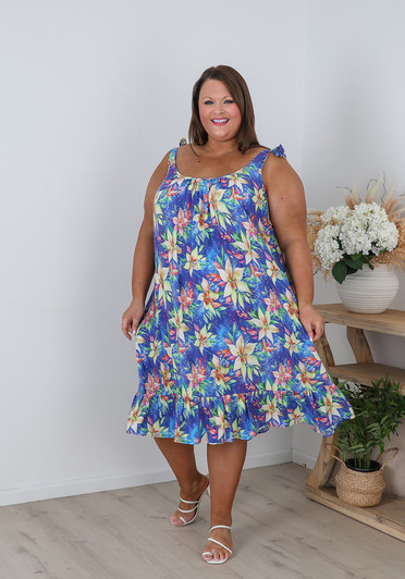 Plus Size Shoulder Tie Dress In Blue Sky Floral
