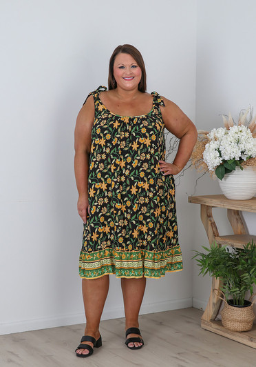 Plus Size Shoulder Tie Dress In Black And Gold