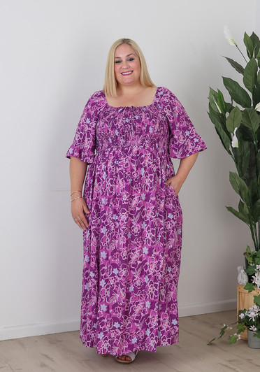 Plus Size Shirred Bust Maxi Dress In Purples