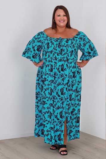  Plus Size Shirred Bust Maxi Dress In Aqua Shadow Floral