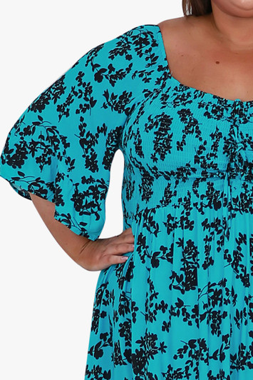  Plus Size Shirred Bust Maxi Dress In Aqua Shadow Floral