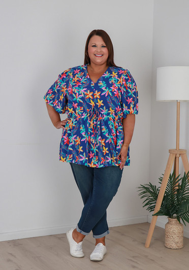 plus size Summer blue frangipani short sleeve top 