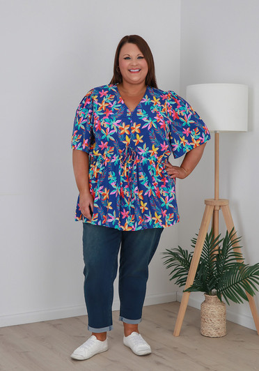 plus size Summer blue frangipani short sleeve top 