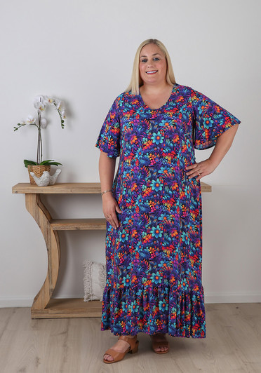 Plus Size Tie Waist Maxi Dress In Bright Flowers