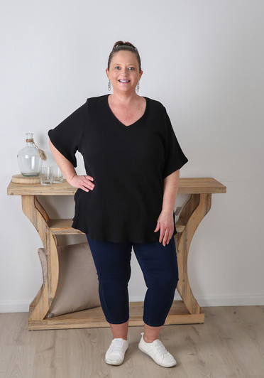 Plus Size Textured Cotton V Neck Top In Black